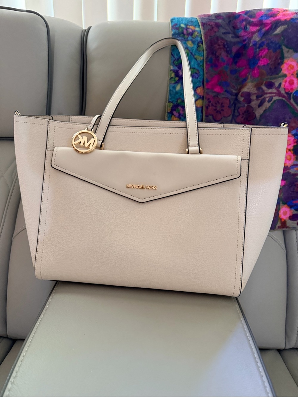 Michael Kors Cream Leather Structured Tote with Gold MK Charm